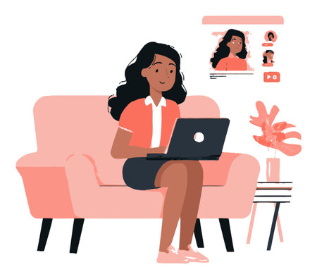 Cheerful cartoon woman sitting on a pink sofa, working on a laptop at home. A modern living room with a plant and a visual display depicts a relaxed work environment.のイラスト素材