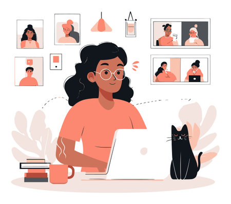This vibrant vector illustration depicts a cozy workspace featuring a woman working on her laptop with a cat nearby, surrounded by creative elements.のイラスト素材