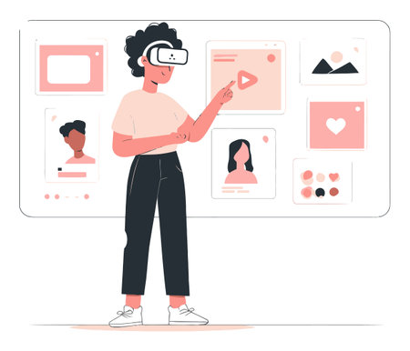A vibrant cartoon illustration featuring a young person interacting with virtual reality content, showcasing a modern digital interface filled with engaging screens.のイラスト素材