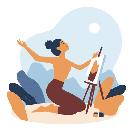 This vibrant illustration depicts a joyful woman artist painting on an easel, capturing the essence of creativity and inspiration in a serene outdoor environment.のイラスト素材
