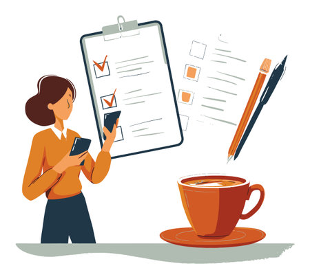 A vibrant vector illustration featuring a woman managing tasks with a smartphone, clipboard, and a...