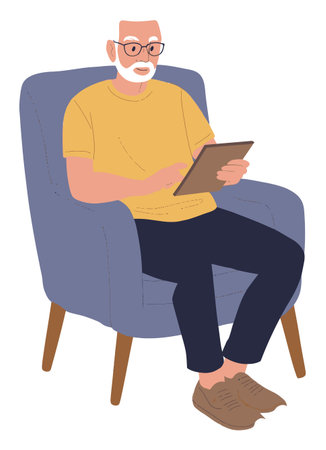This cartoon vector illustration features a senior man sitting comfortably in a chair while using a tablet. A perfect depiction of modern elderly lifestyle.のイラスト素材