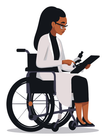 This vector illustration features a female doctor in a wheelchair, using a microscope. It highlights themes of accessibility in healthcare and diversity in science professions.のイラスト素材