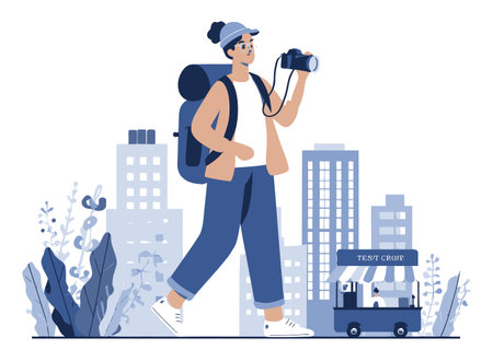 A vibrant cartoon illustration of a character with a camera and backpack, exploring a city landscape. This playful vector design captures the spirit of urban adventure and travel.のイラスト素材