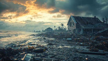 A dramatic coastal scene showcases the aftermath of a powerful storm. A damaged house stands amidst...