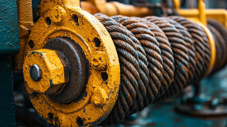 A detailed close-up image showcasing an industrial rope mounted on a winch with rusty yellow hardware, highlighting texture, strength, and machinery design.の写真素材