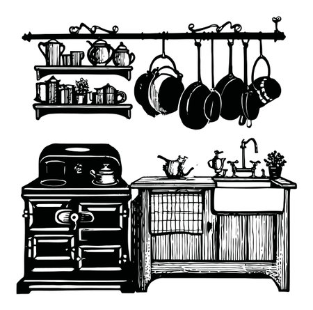 A charming hand-drawn illustration of a rustic kitchen featuring shelves, hanging pots, and a classic stove. Perfect for home decor or culinary themes.のイラスト素材