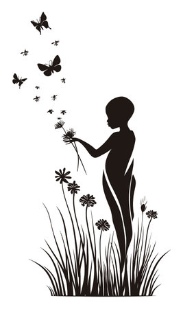 This abstract illustration features the silhouette of a child gracefully holding flowers, surrounded by butterflies, offering a serene and artistic representation of nature and innocence.のイラスト素材