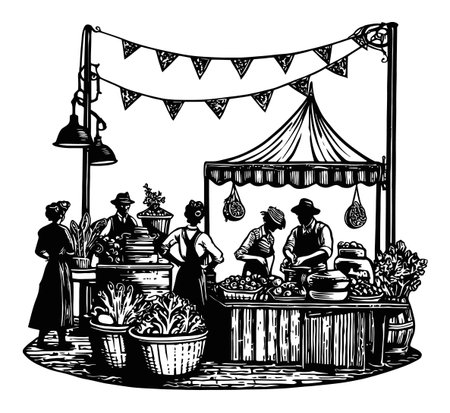 This artistic illustration depicts a vintage market scene, showcasing vendors and shoppers engaging with fresh produce. A traditional, lively atmosphere captures community harmony.のイラスト素材