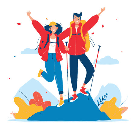 Colorful illustration of a cheerful couple celebrating their hiking adventure atop a rocky summit, showcasing the joy of outdoor exploration and friendship.のイラスト素材