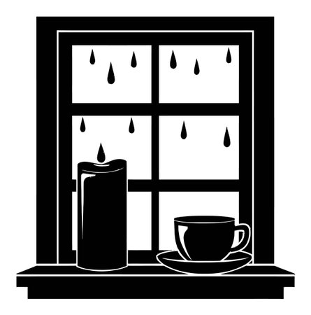 This black and white abstract design features a hand-drawn window scene with rain, a candle, and a cup. Perfect for conveying coziness and warmth in any setting.のイラスト素材