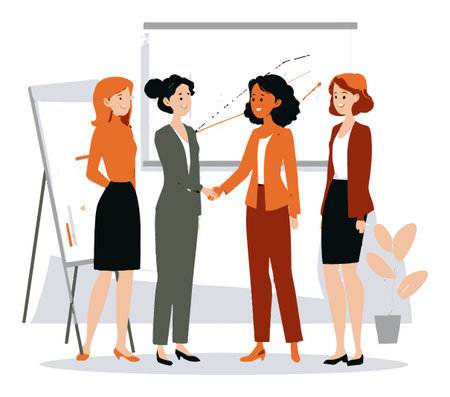 This colorful vector cartoon showcases four businesswomen engaged in a professional meeting, highlighting teamwork and collaboration in a modern office environment.のイラスト素材