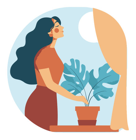 This vector cartoon image showcases a woman caring for a potted plant in a cozy indoor setting, promoting themes of tranquility, nature, and well-being.のイラスト素材