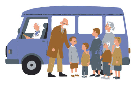 A heartwarming cartoon scene showcasing a cheerful grandfather warmly greeting children near a cartoon van. The illustration captures joy, interaction, and nostalgia in an outdoor setting.のイラスト素材