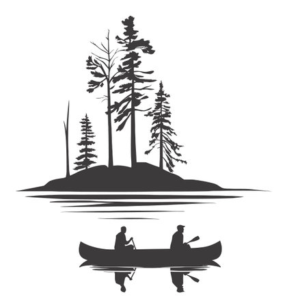 Explore this abstract hand-drawn silhouette depicting two people in a canoe on calm water, surrounded by tranquil trees, blending nature and art.のイラスト素材