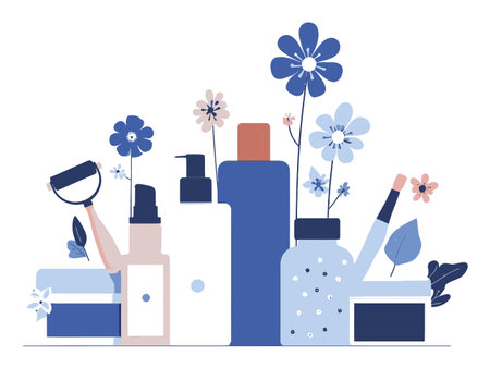 Explore vibrant vector art of beauty products paired with flowers. This illustration captures the essence of skincare and personal care in a chic, modern style.のイラスト素材