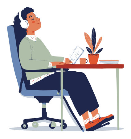 This vibrant cartoon illustration depicts a relaxed person enjoying music while working in a cozy home office setting, highlighting comfort and focus.のイラスト素材
