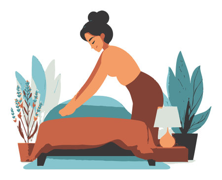 This vector illustration depicts a woman making a bed in a cozy bedroom filled with decorative plants and a stylish lamp, embodying a sense of home and tranquility.のイラスト素材