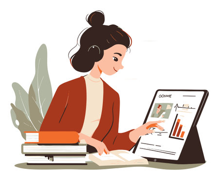 A cartoon illustration of a young woman engaged in studying with a tablet and books. She interacts with charts and data, representing modern learning and productivity.のイラスト素材