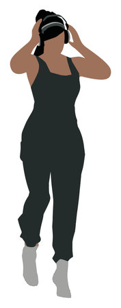 A cartoon vector illustration of a woman walking while wearing headphones. The design captures a stylish and modern vibe, emphasizing leisure and enjoyment of music.のイラスト素材