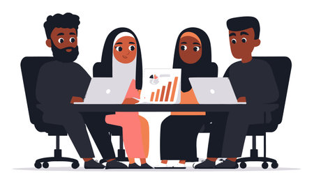 This cartoon-style vector illustration shows a diverse group collaborating on a digital project. They engage with laptops and discuss data, representing teamwork in a modern workspace.のイラスト素材