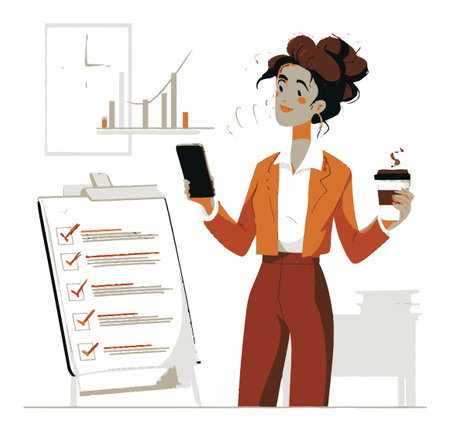 A cartoon-style illustration of a professional woman in an office setting, confidently holding a phone and coffee, surrounded by a checklist and trends, symbolizing productivity and success.のイラスト素材