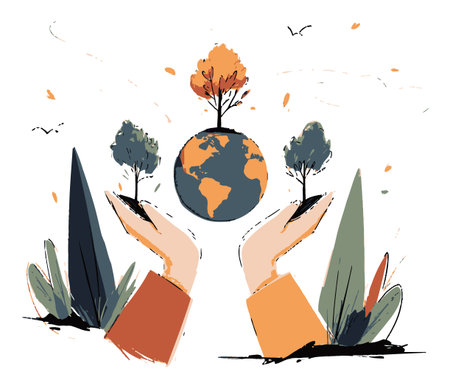 Whimsical cartoon illustration of hands supporting the earth with trees, embodying a message of environmental care and sustainability in a vibrant vector style.のイラスト素材