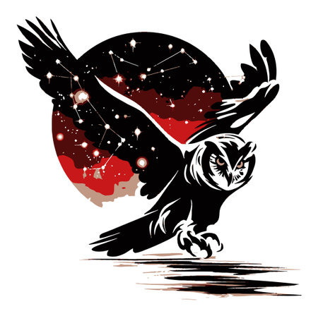 An exquisite illustration of an owl in flight against a cosmic backdrop, capturing the mysteries of the night sky and the beauty of nature. Perfect for art lovers.のイラスト素材