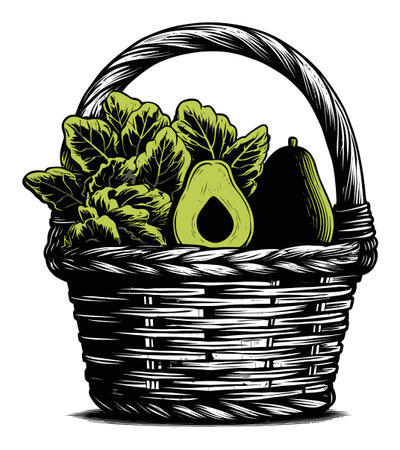 This detailed illustration features a woven basket filled with fresh vegetables, including lettuce, avocado, and pear. Perfect for culinary and nutritional themes.のイラスト素材