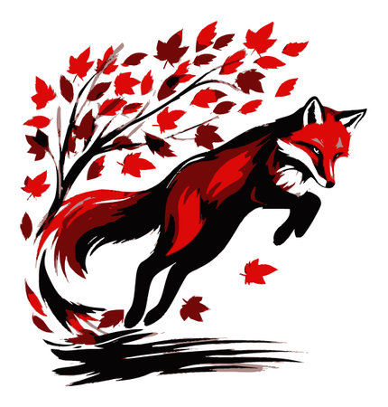 A stunning illustration of a vibrant red fox leaping through red autumn leaves. This artwork captures the beauty of nature and the playful spirit of wildlife in a dynamic scene.のイラスト素材