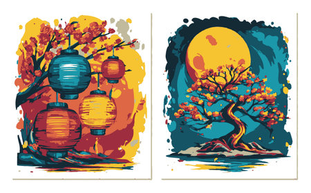 Vibrant abstract illustration featuring colorful lanterns and a blossoming tree under a large moon. Perfect for celebrating culture and the beauty of nature.のイラスト素材