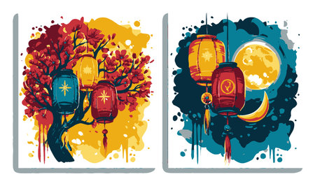Vibrant abstract illustration showcasing colorful lanterns and trees amidst vivid backgrounds. Perfect for enhancing festive and artistic themes.のイラスト素材