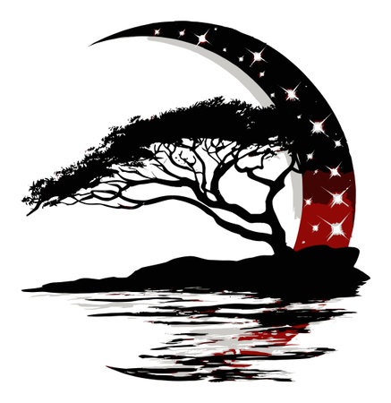 A striking silhouette of a tree against a star-filled night sky, featuring a bold curved shape and calm water reflection, perfect for artistic projects and nature themes.のイラスト素材