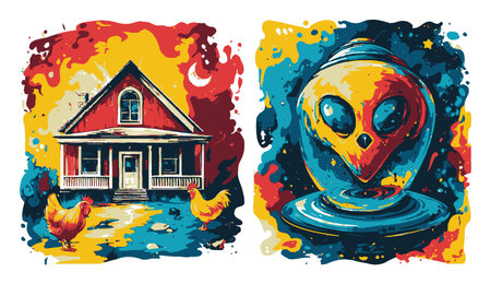 Explore a vibrant illustration featuring a surreal farmhouse and an alien. The colorful scene combines whimsy and imagination, perfect for creative projects.のイラスト素材