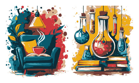 An engaging abstract illustration showcases a cozy chair with a coffee cup, book, and plants on one side, and vibrant science equipment on the other, blending comfort and curiosity creatively.のイラスト素材