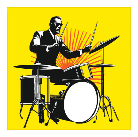 Eye-catching vintage illustration of a drummer in action, playing energetically against a vibrant yellow background. Perfect for music-themed projects.のイラスト素材
