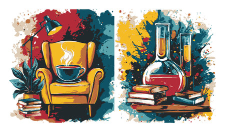 Vibrant abstract illustration depicting a cozy chair with coffee beside a laboratory scene. Perfect for themes of comfort, study, and creativity.のイラスト素材