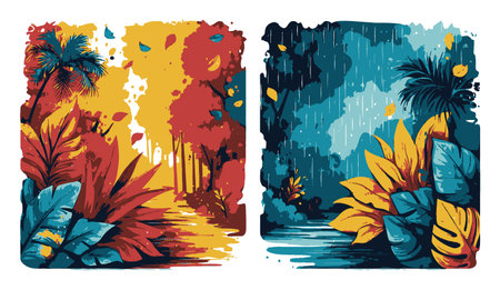 Explore this vibrant abstract illustration showcasing tropical plants against changing seasons. Perfect for backgrounds, decor, and artistic projects.のイラスト素材