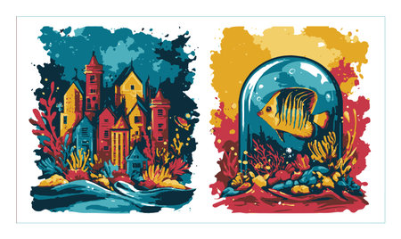 Abstract illustration featuring a vibrant underwater scene with colorful fish and coral. The artwork showcases a blend of marine life and artistic elements reflecting an imaginative aquascape.のイラスト素材