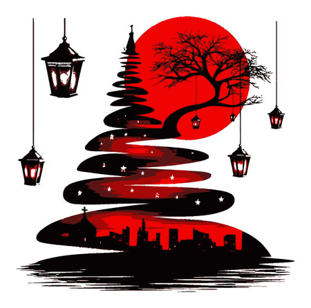 Unique abstract Christmas tree illustration features a red moon and lanterns, creating a festive atmosphere. Perfect for holiday-themed projects and decorations.のイラスト素材