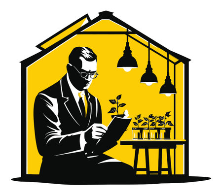 A stylish vector illustration featuring a scientist in a greenhouse surrounded by plants, light fixtures, and a clipboard, emphasizing research and growth in a modern environment.のイラスト素材