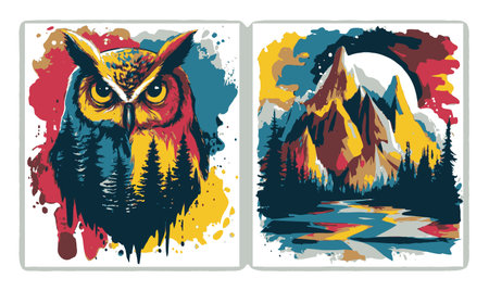 An eye-catching abstract illustration featuring a majestic owl and a colorful mountain landscape. Ideal for nature lovers and art enthusiasts.のイラスト素材