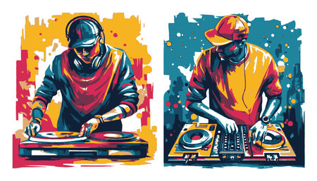 This vibrant abstract illustration features two DJs passionately mixing music with turntables. The energetic colors and dynamic forms capture the essence of nightlife and creativity.のイラスト素材