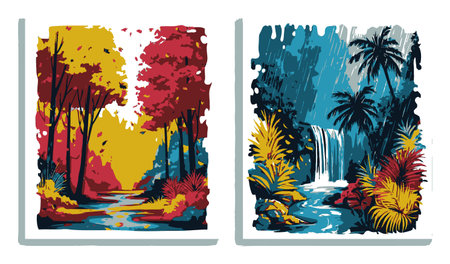 Explore vibrant abstract landscapes featuring waterfalls and colorful foliage in dynamic compositions. Perfect for art lovers seeking nature-inspired visuals.のイラスト素材
