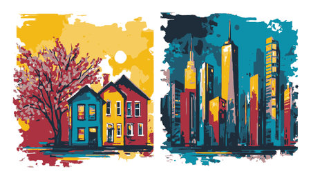 This vibrant abstract illustration depicts a cozy house beside a dynamic city skyline, blending nature and urban life in a colorful artistic style.のイラスト素材