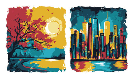 Explore a captivating abstract illustration showcasing a vibrant cityscape and serene nature scene, blending bold colors and dynamic shapes in one unique artwork.のイラスト素材