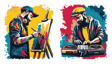Vibrant illustration capturing an artist painting and a DJ mixing music, showcasing the blend of creativity and performance in a modern artistic style.のイラスト素材