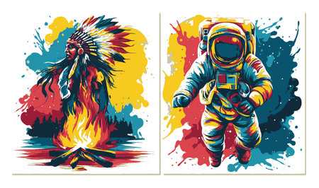 This captivating abstract illustration features a Native American figure and an astronaut, using vibrant colors and engaging visual elements to explore themes of culture and exploration.のイラスト素材