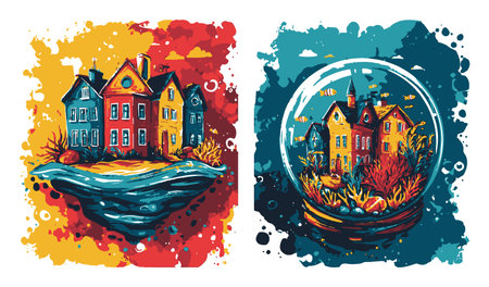 This vibrant abstract illustration showcases floating houses in both water and a glass sphere, blending imaginative elements with colorful artistry to create a whimsical and tranquil scene.のイラスト素材