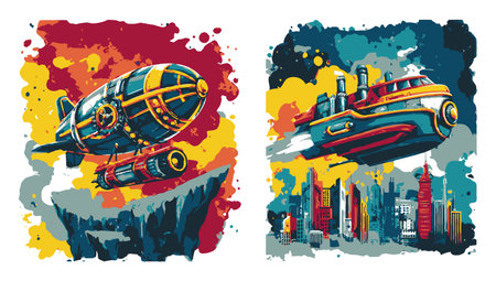 Explore a vivid abstract illustration featuring whimsical airships soaring above a stylized urban landscape, blending creativity and fantasy in a dynamic composition.のイラスト素材